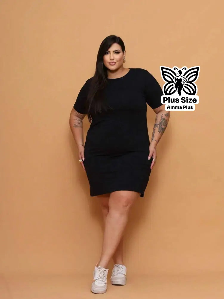 Vestido Curto Canelado Com Manga Curta Plus Size