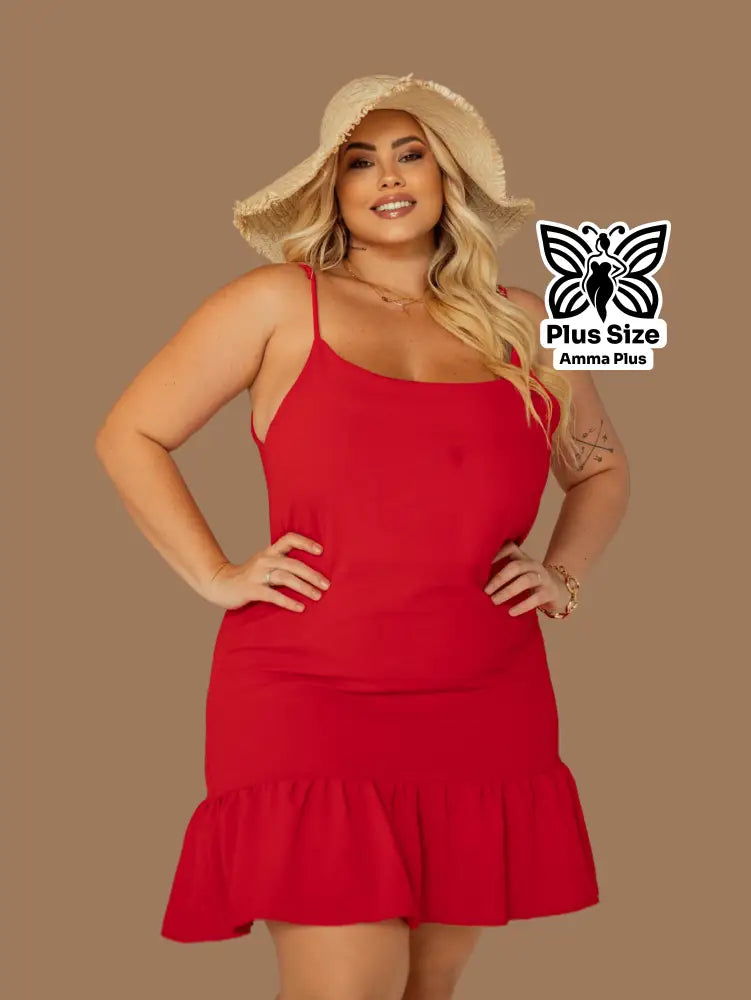 Vestido Curto Com Alças E Babado Na Barra Plus Size - Amma Plus