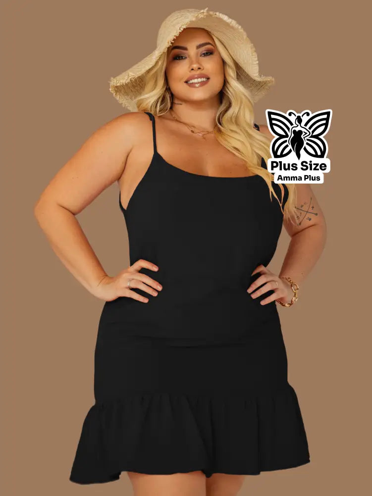 Vestido Curto Com Alças E Babado Na Barra Plus Size - Amma Plus