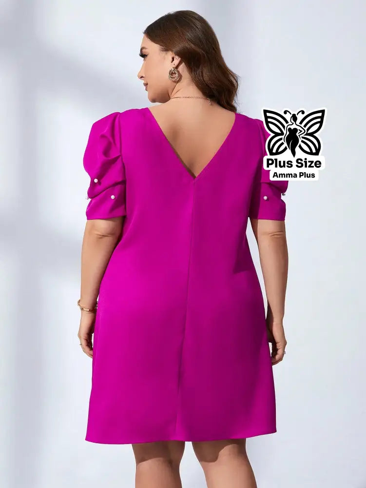 Vestido Curto Com Pérolas E Manga Bufante Plus Size - Amma Plus