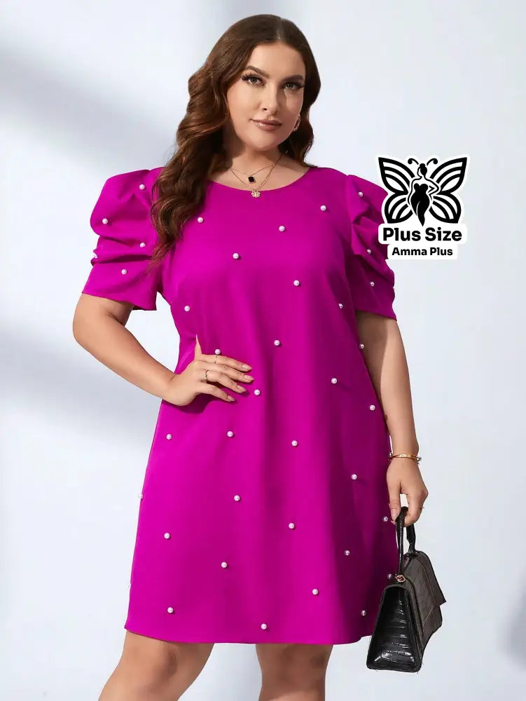 Vestido Curto Com Pérolas E Manga Bufante Plus Size - Amma Plus