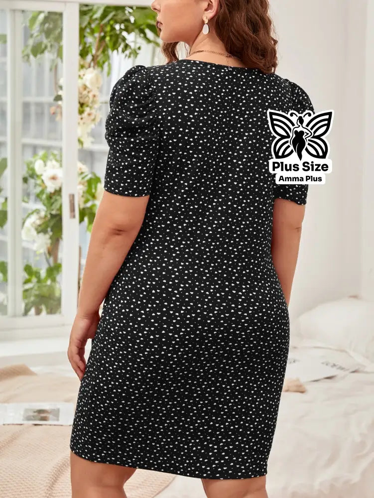 Vestido Curto Estampado Decote Quadrado Manga Bufante Plus Size - Amma Plus