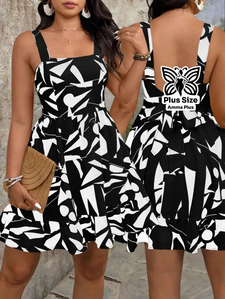 Vestido Curto Estampado Geométrico com Alças Largas Plus Size