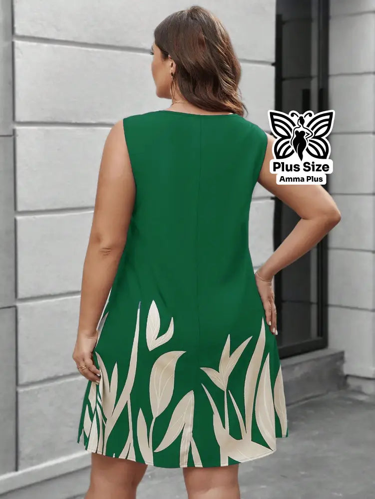 Vestido Curto Estampado Sem Mangas Decote V Plus Size - Amma Plus