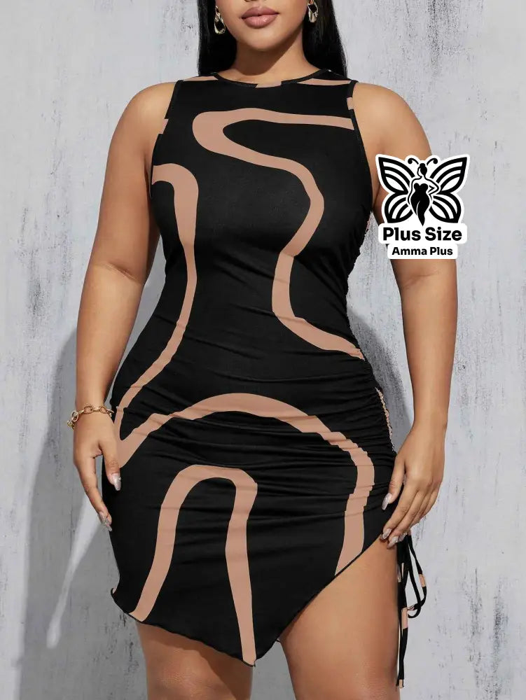 Vestido Curto Justo Estampa Abstrata Com Cordão Lateral Plus Size