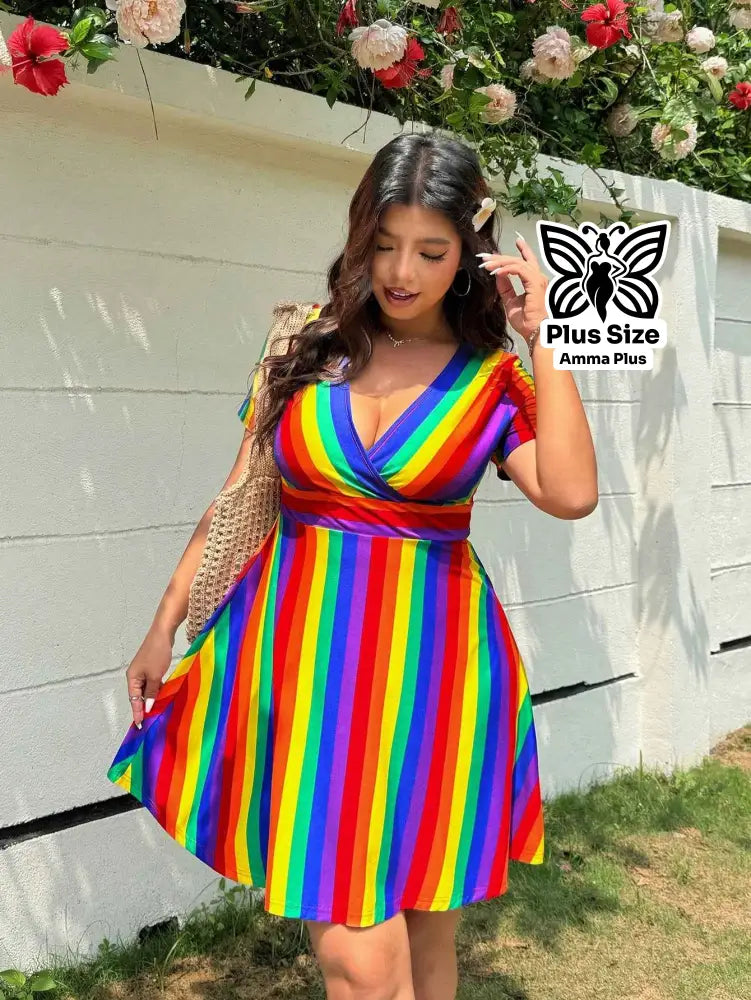 Vestido Curto Transpassado Arco-íris Plus Size