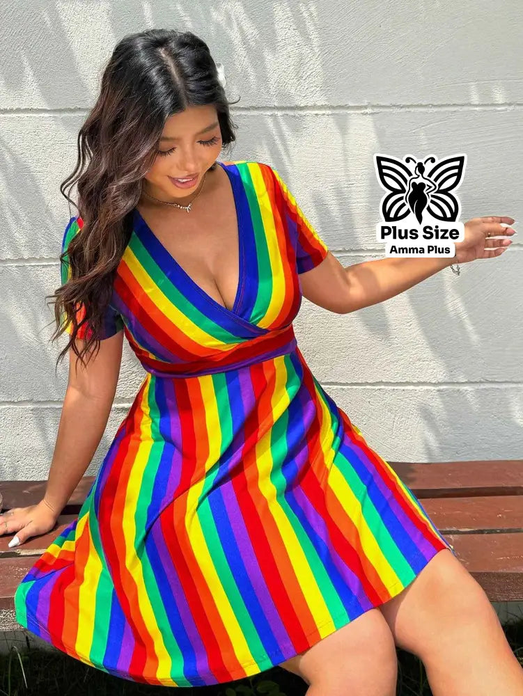 Vestido Curto Transpassado Arco-íris Plus Size