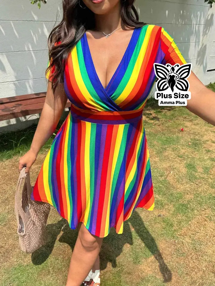 Vestido Curto Transpassado Arco-íris Plus Size