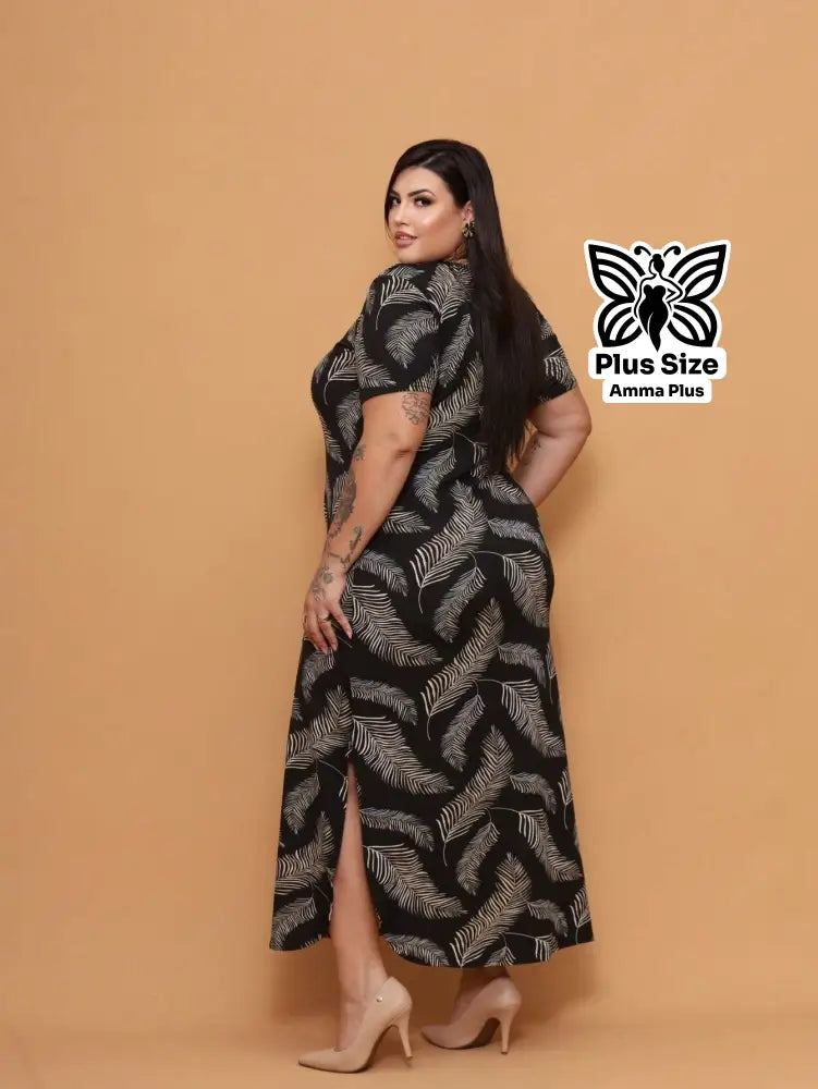 Vestido Longo Estampado Com Fenda Lateral Plus Size - Amma Plus