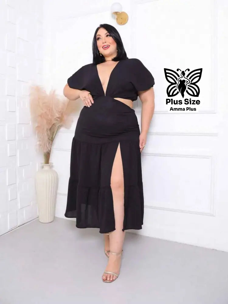 Vestido Midi Com Decote Profundo E Fenda Plus Size