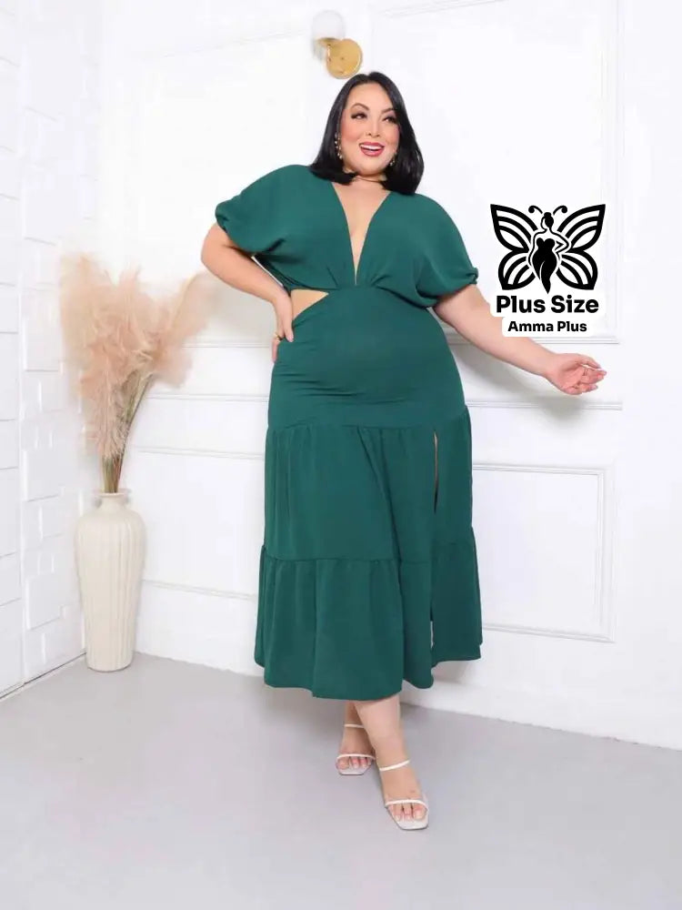 Vestido Midi Com Decote Profundo E Fenda Plus Size