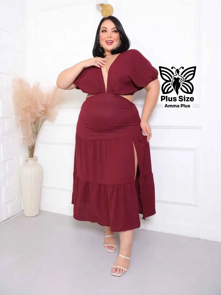Vestido Midi Com Decote Profundo E Fenda Plus Size