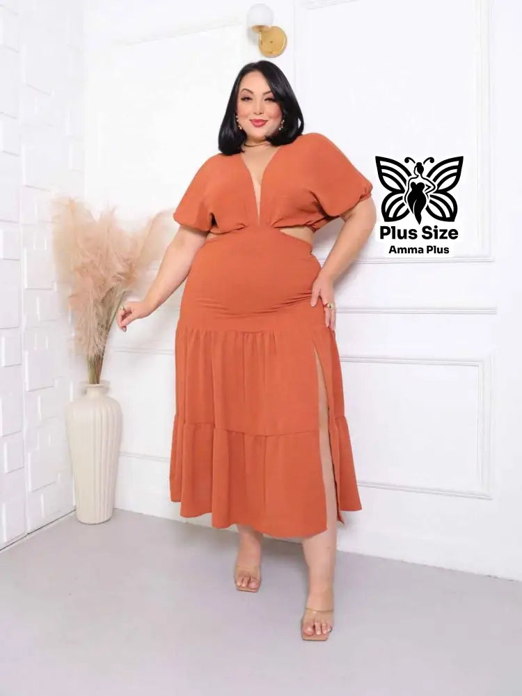 Vestido Midi Com Decote Profundo E Fenda Plus Size