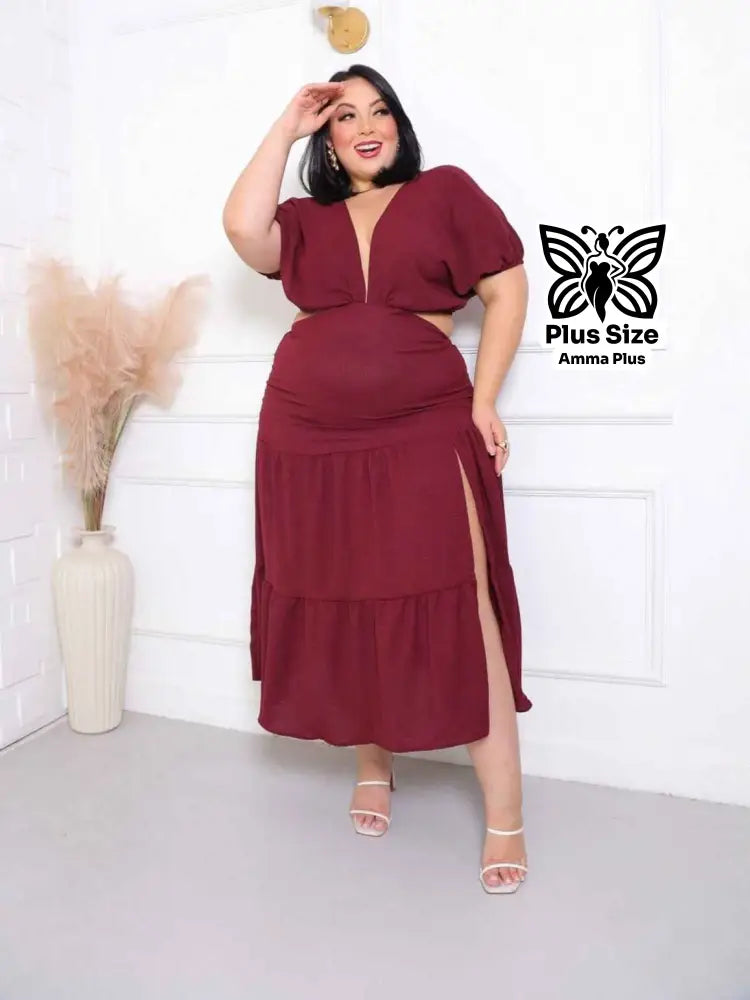 Vestido Midi Com Decote Profundo E Fenda Plus Size