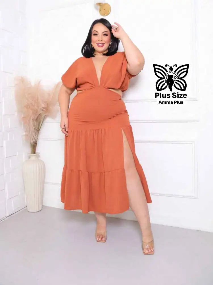 Vestido Midi Com Decote Profundo E Fenda Plus Size