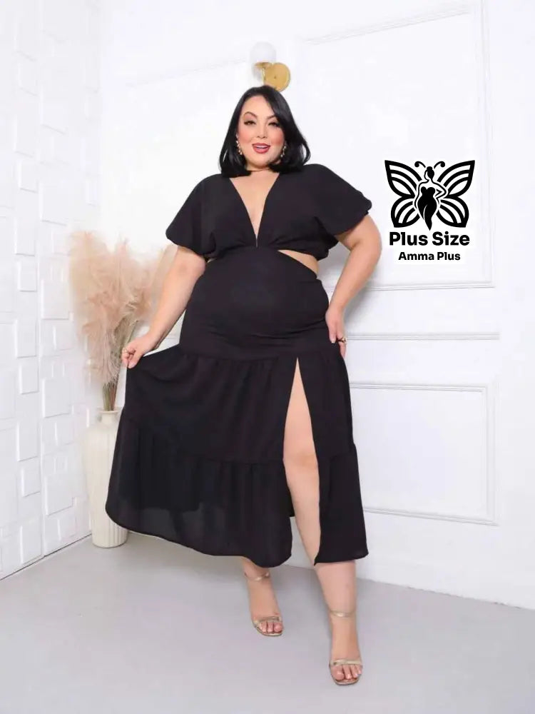 Vestido Midi Com Decote Profundo E Fenda Plus Size