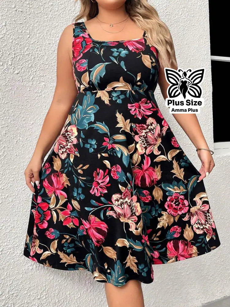 Vestido Midi Evasê Estampado Floral Plus Size