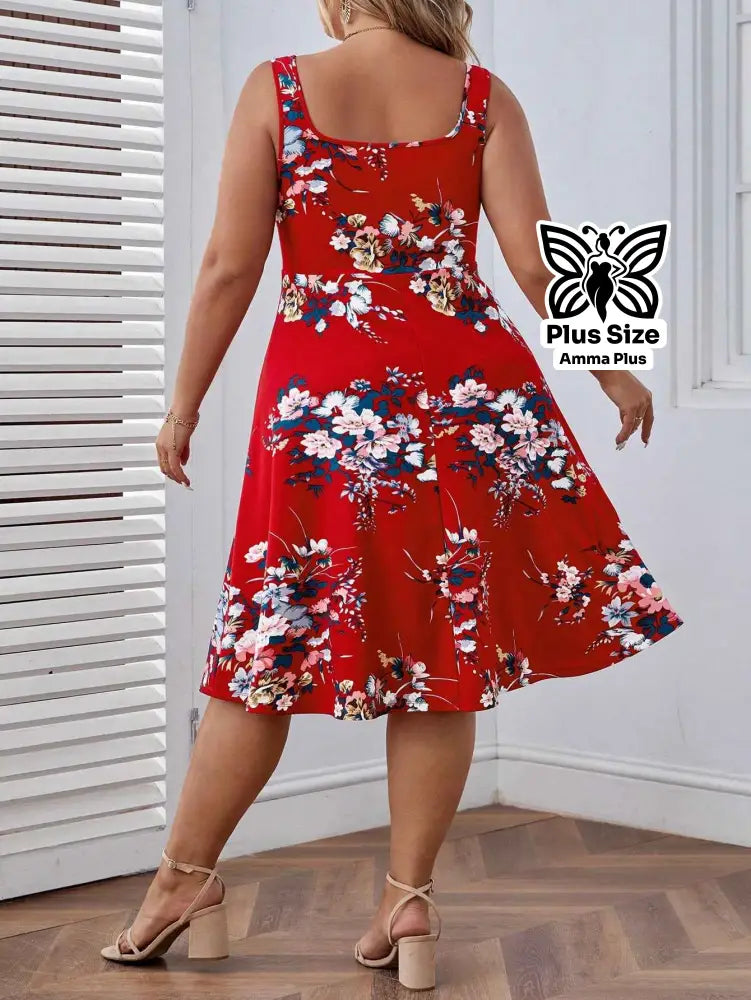 Vestido Midi Evasê Floral Com Alças Finas Plus Size