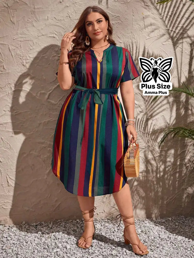 Vestido Midi Listrado Decote V Com Cinto Plus Size