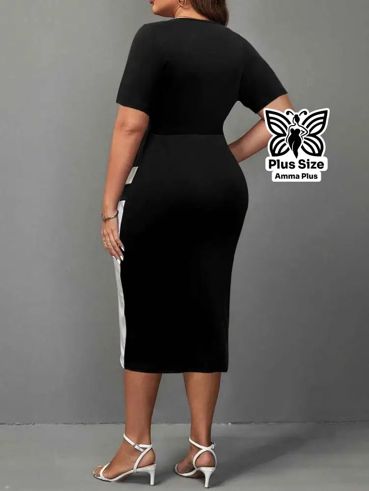 Vestido Midi Plus Size Manga Curta Com Recorte Bicolor Elegante