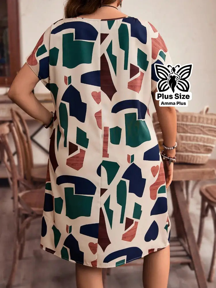 Vestido Reto Estampado Decote V Com Manga Morcego Plus Size - Amma Plus