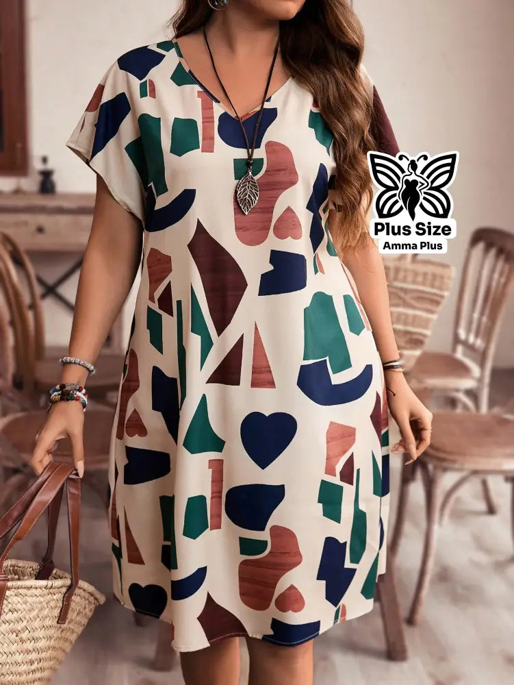 Vestido Reto Estampado Decote V Com Manga Morcego Plus Size - Amma Plus