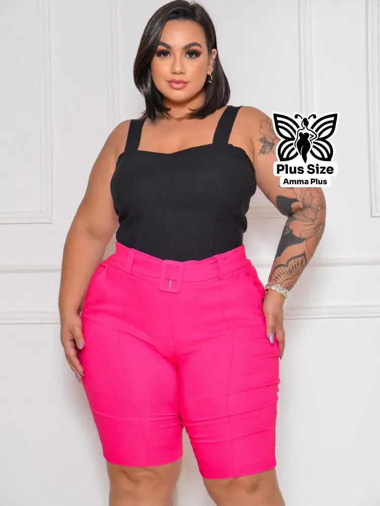 Bermuda Alfaiataria Com Cinto Fivela E Elastano Plus Size - Amma Plus
