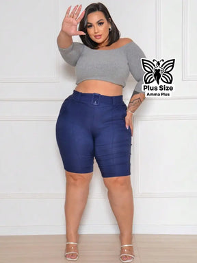 Bermuda Alfaiataria Com Cinto Fivela E Elastano Plus Size - Amma Plus