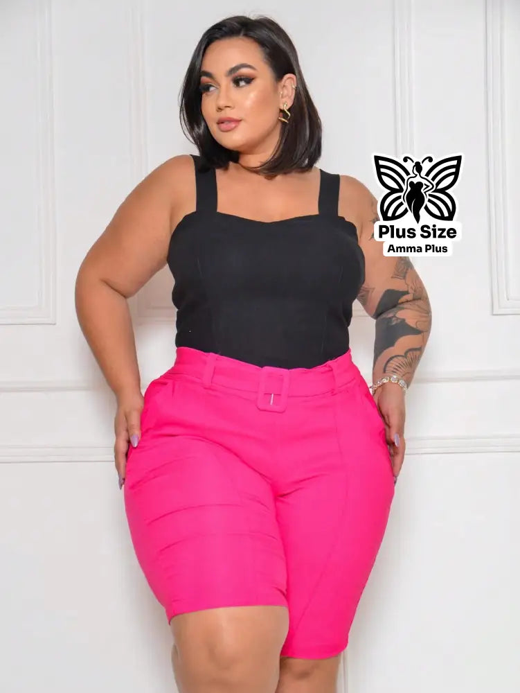 Bermuda Alfaiataria Com Cinto Fivela E Elastano Plus Size - Amma Plus