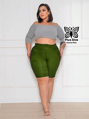 Bermuda Alfaiataria Com Cinto Fivela E Elastano Plus Size - Amma Plus