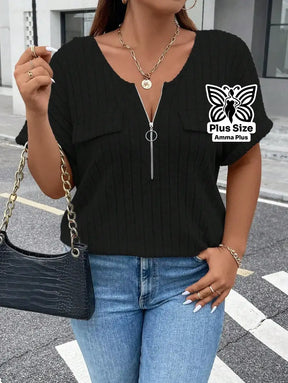 Blusa Canelada Com Zíper E Bolsos Frontais Plus Size - Amma Plus