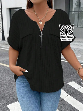 Blusa Canelada Com Zíper E Bolsos Frontais Plus Size - Amma Plus