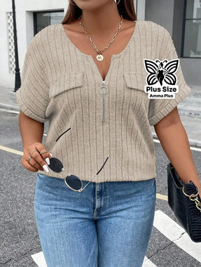 Blusa Canelada Com Zíper E Bolsos Frontais Plus Size - Amma Plus