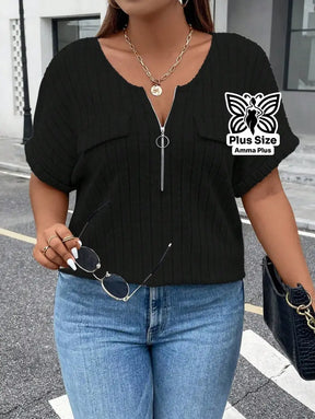 Blusa Canelada Com Zíper E Bolsos Frontais Plus Size - Amma Plus