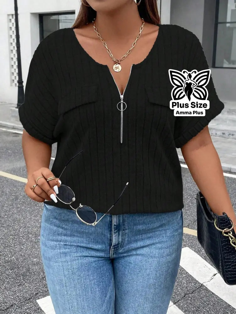 Blusa Canelada Com Zíper E Bolsos Frontais Plus Size - Amma Plus