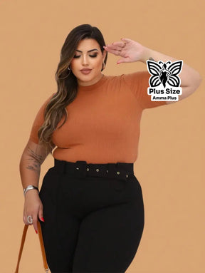 Blusa Canelada Gola Redonda Básica Plus Size - Amma Plus
