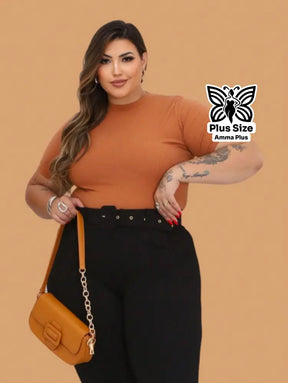 Blusa Canelada Gola Redonda Básica Plus Size - Amma Plus