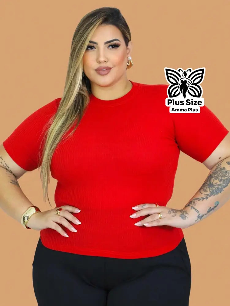 Blusa Canelada Gola Redonda Básica Plus Size - Amma Plus
