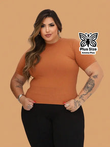 Blusa Canelada Gola Redonda Básica Plus Size - Amma Plus
