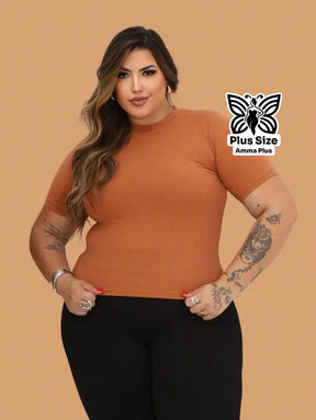 Blusa Canelada Gola Redonda Básica Plus Size - Amma Plus