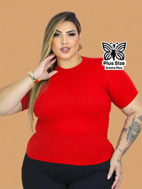 Blusa Canelada Gola Redonda Básica Plus Size - Amma Plus