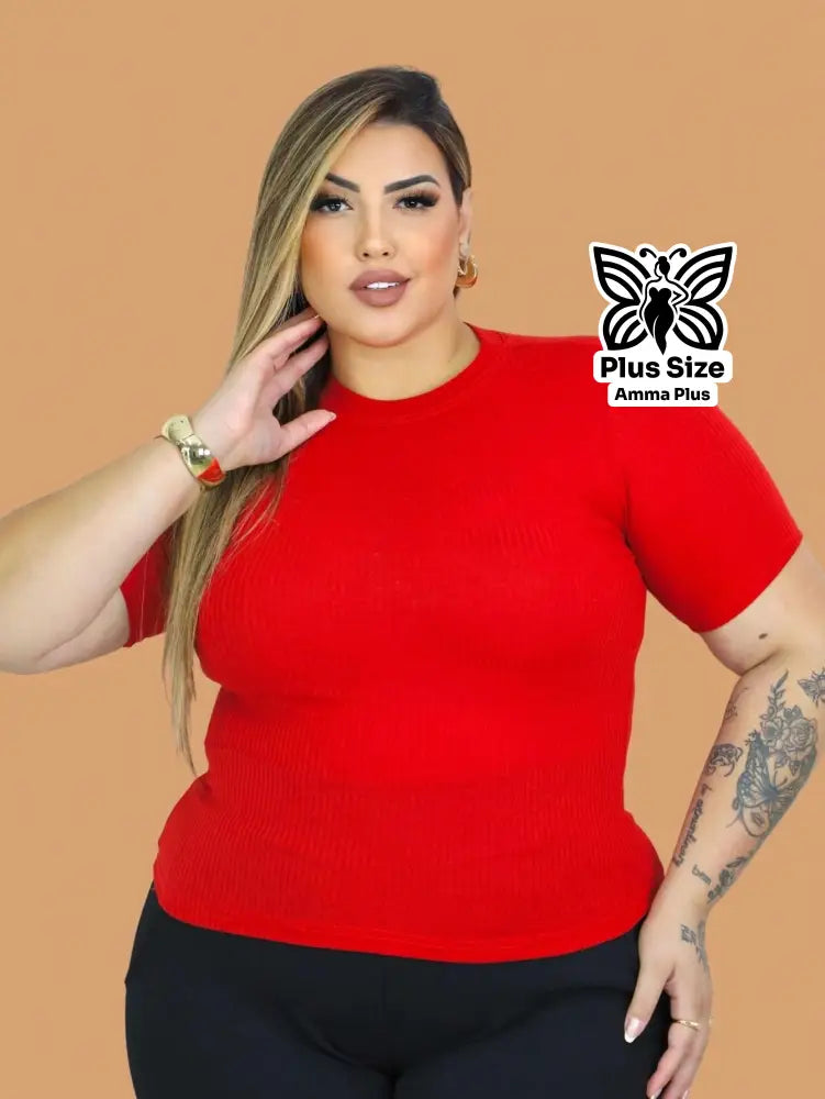 Blusa Canelada Gola Redonda Básica Plus Size - Amma Plus