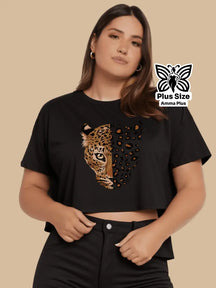 Blusa Cropped Estampada Onça Selvagem Plus Size - Amma Plus