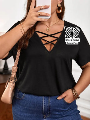 Blusa Decote V Com Tiras Cruzadas Plus Size - Amma Plus