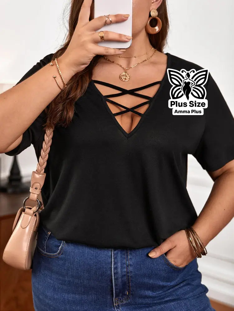 Blusa Decote V Com Tiras Cruzadas Plus Size - Amma Plus