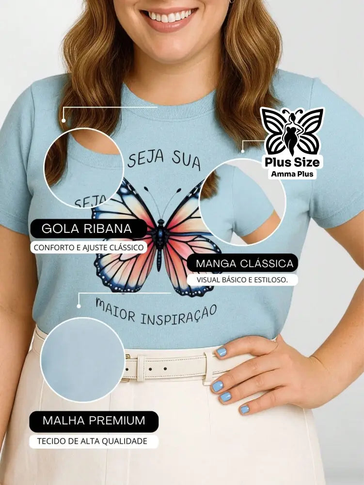 Blusa Estampada Borboleta Frase Inspiradora Plus Size - Amma Plus