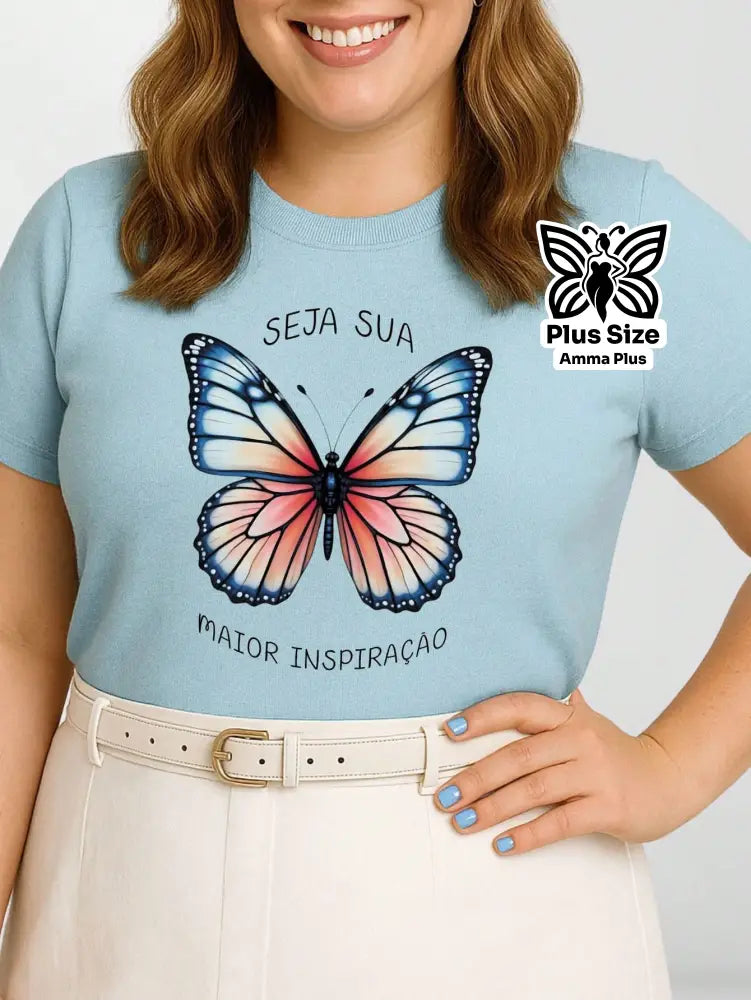 Blusa Estampada Borboleta Frase Inspiradora Plus Size - Amma Plus