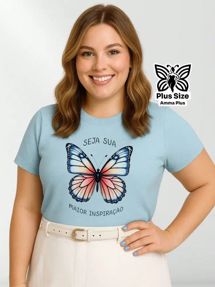 Blusa Estampada Borboleta Frase Inspiradora Plus Size - Amma Plus