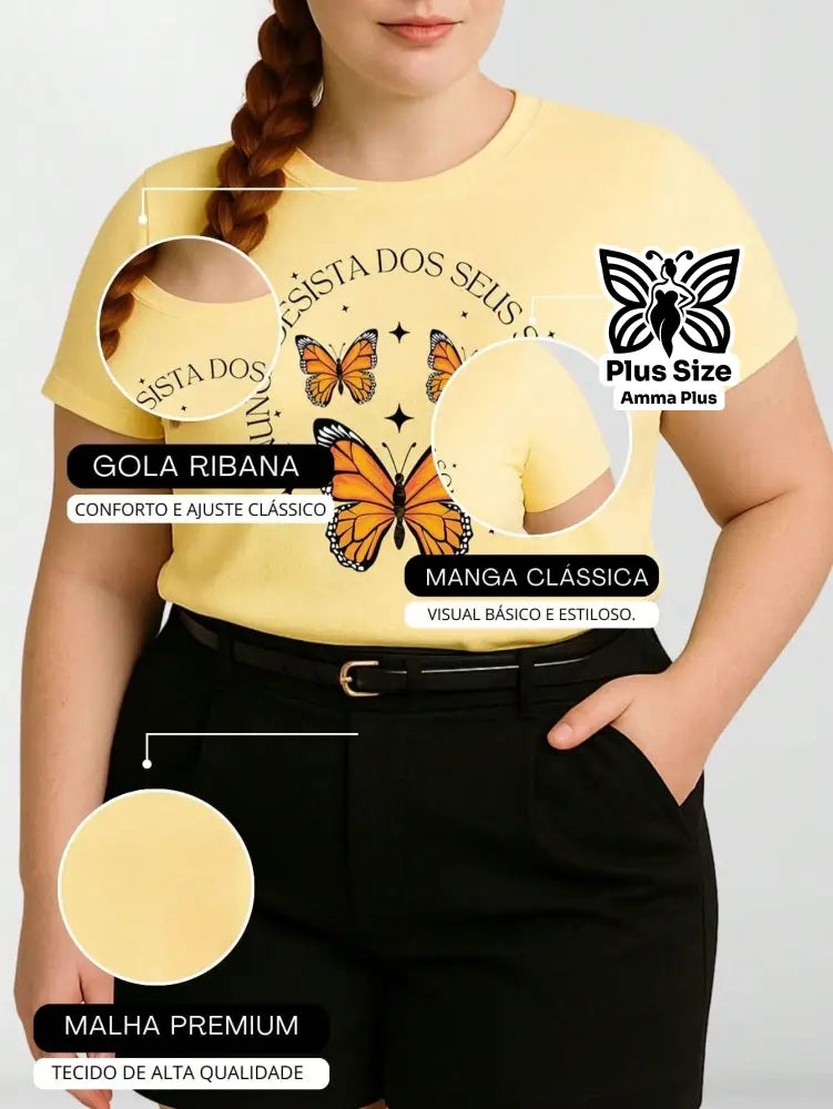 Blusa Estampada Borboletas Frase Motivacional Plus Size - Amma Plus