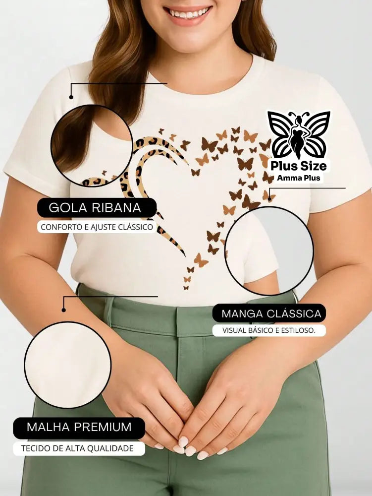 Blusa Estampada Coração Borboletas Plus Size - Amma Plus